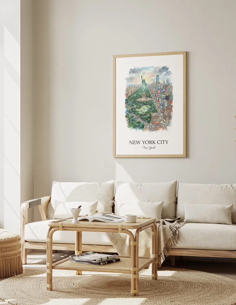 Framed wall art featuring New York City, USA - New York in a light wood frame hanging above a sofa in a modern living room.