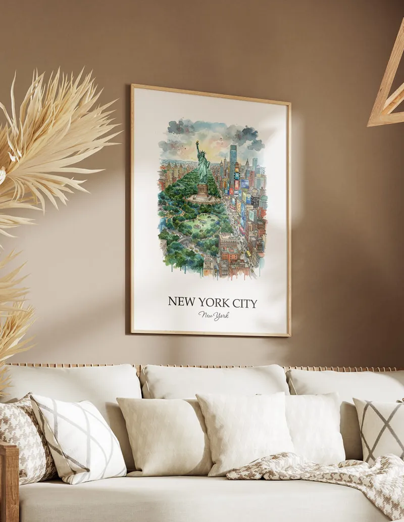 Vintage travel poster of New York City city, USA - New York in a light frame displayed above a sofa in a bright boho interior.