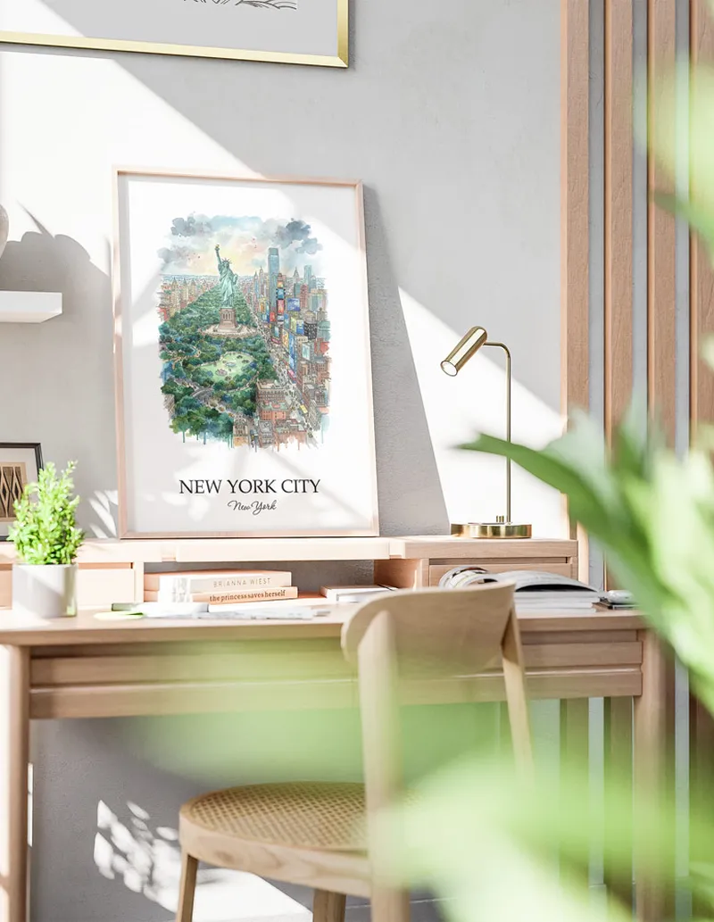 Cozy, well-lit workspace with a minimalist poster of New York City, USA - New York in a light frame sitting on the desk.