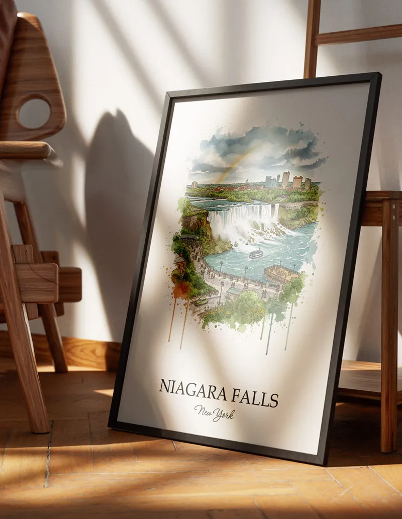 Minimalist poster of Niagara Falls city in USA - New York in a light frame standing on the floor in a dark moody interior.
