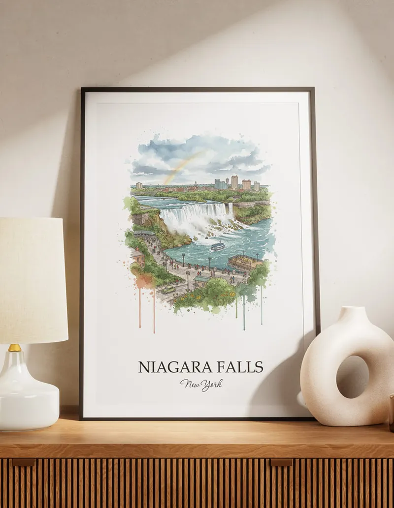 A lovely interior preview showcasing a vintage-vibe travel poster design of the scenic Niagara Falls city.