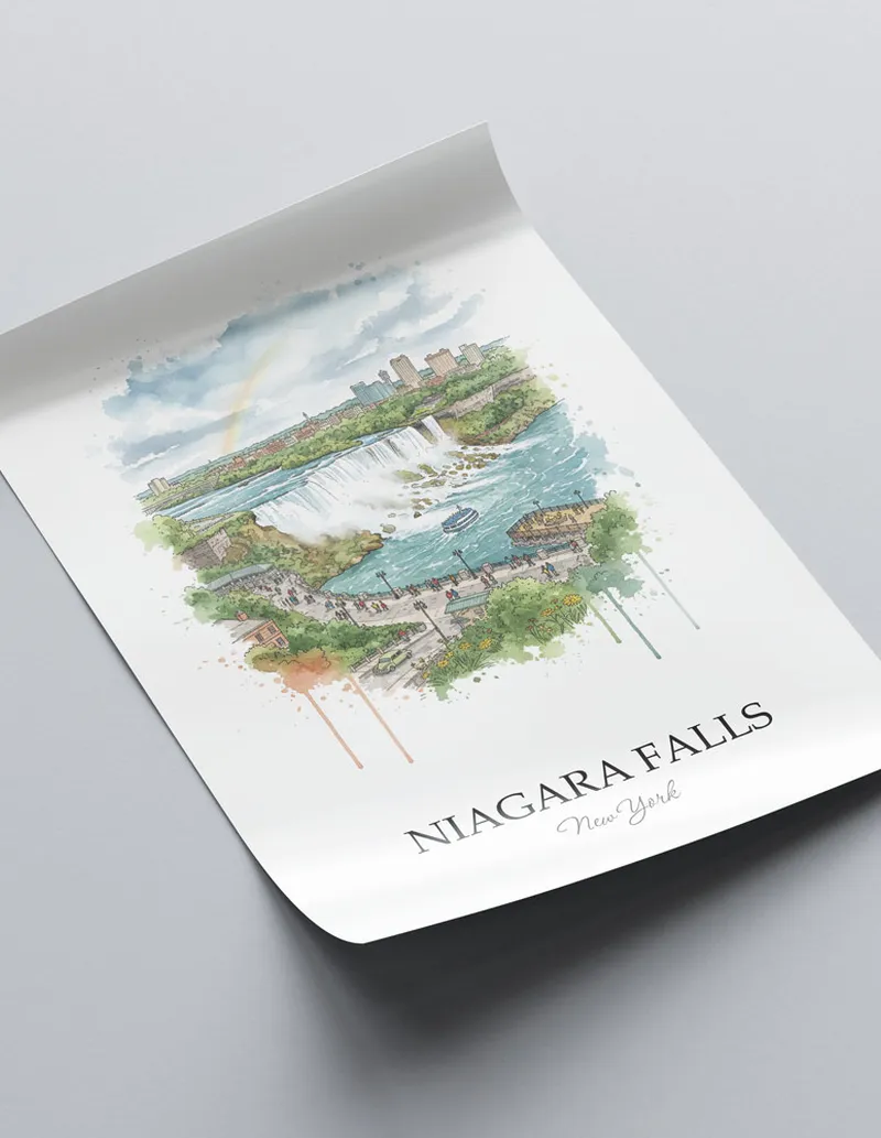 A close-up of a high-quality paper print featuring the Niagara Falls city minimalist design.