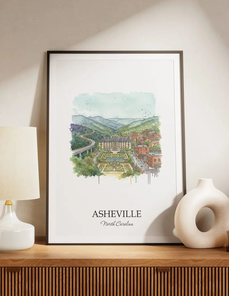 A lovely interior preview showcasing a vintage-vibe travel poster design of the scenic Asheville city.