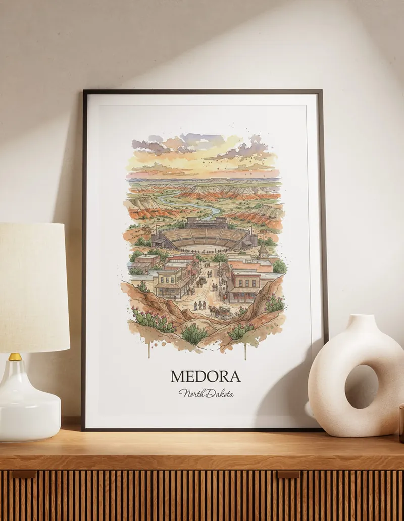 A lovely interior preview showcasing a vintage-vibe travel poster design of the scenic Medora city.
