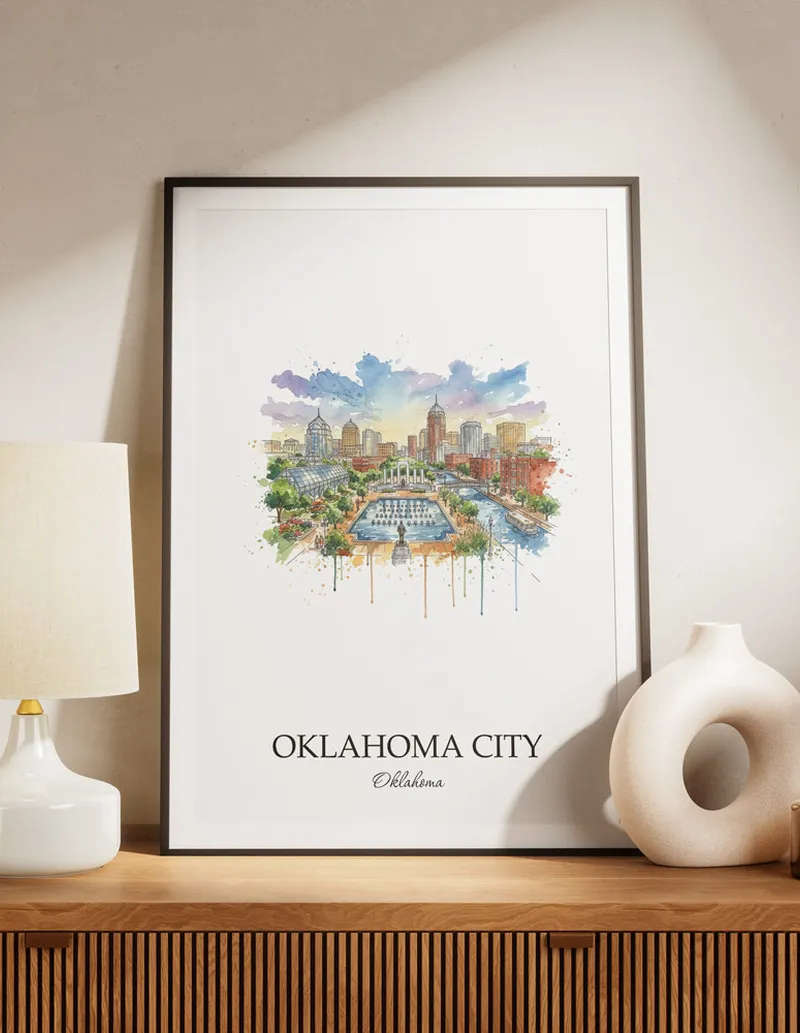 A lovely interior preview showcasing a vintage-vibe travel poster design of the scenic Oklahoma City city.