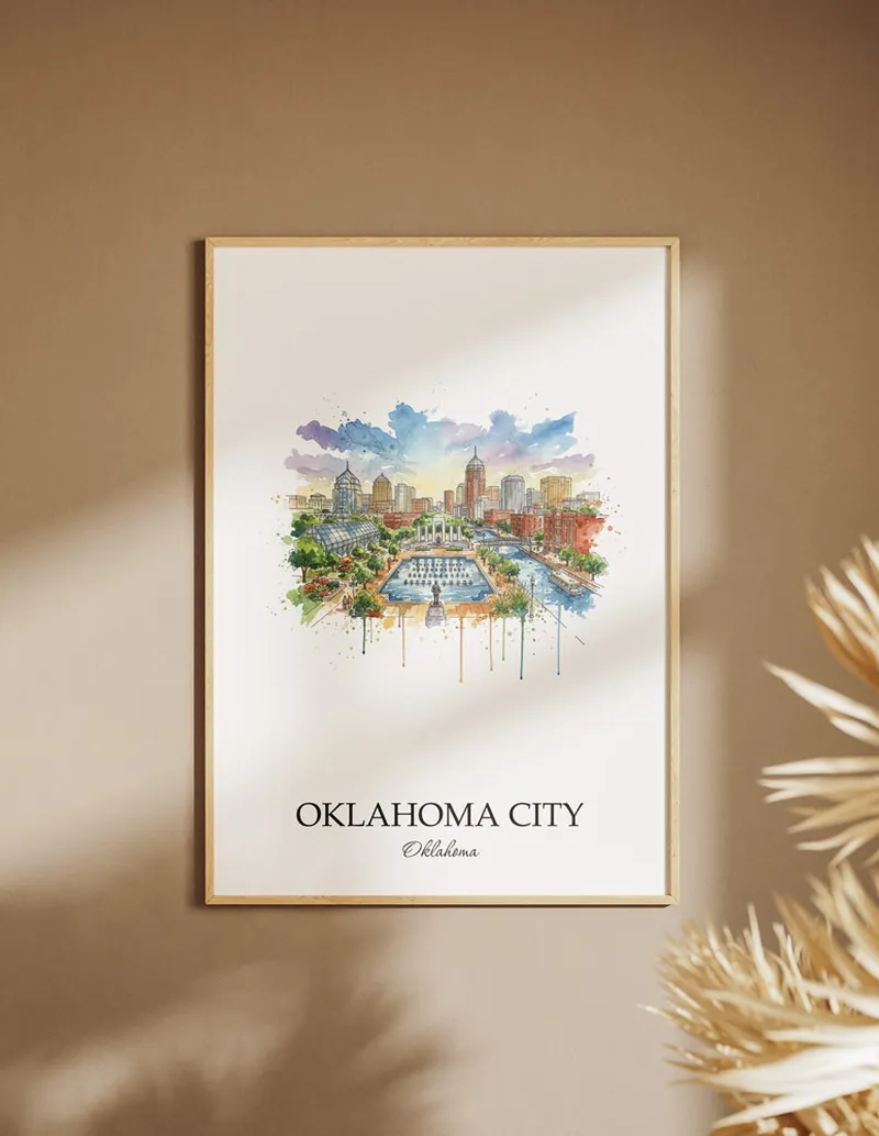 A clean and modern mockup showing a framed Oklahoma City city print on a minimalist background.