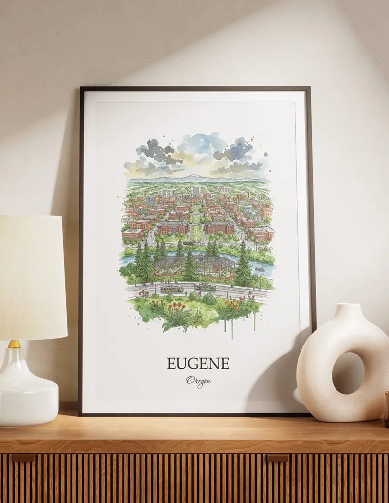 A lovely interior preview showcasing a vintage-vibe travel poster design of the scenic Eugene city.