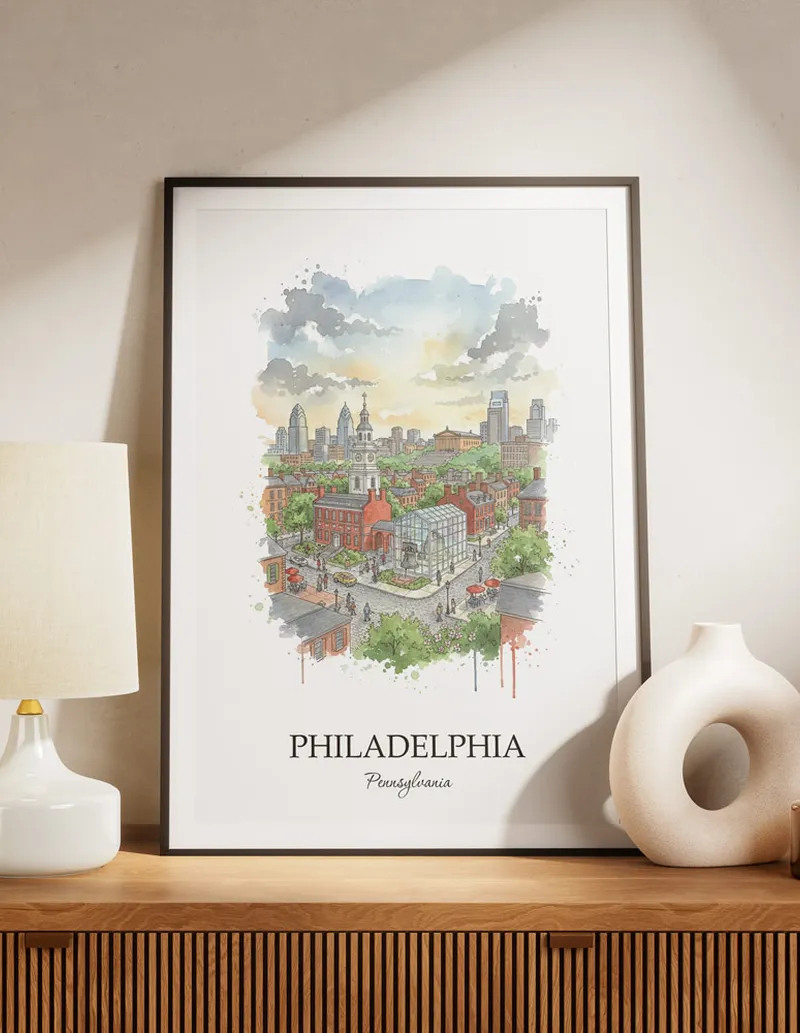 A lovely interior preview showcasing a vintage-vibe travel poster design of the scenic Philadelphia city.