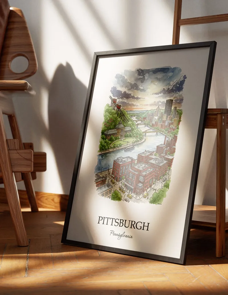 Minimalist poster of Pittsburgh city in USA - Pennsylvania in a light frame standing on the floor in a dark moody interior.