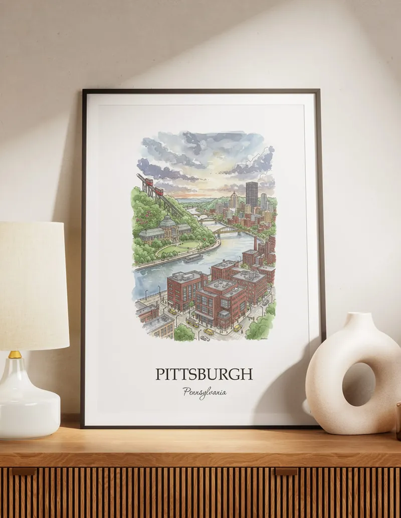 A lovely interior preview showcasing a vintage-vibe travel poster design of the scenic Pittsburgh city.