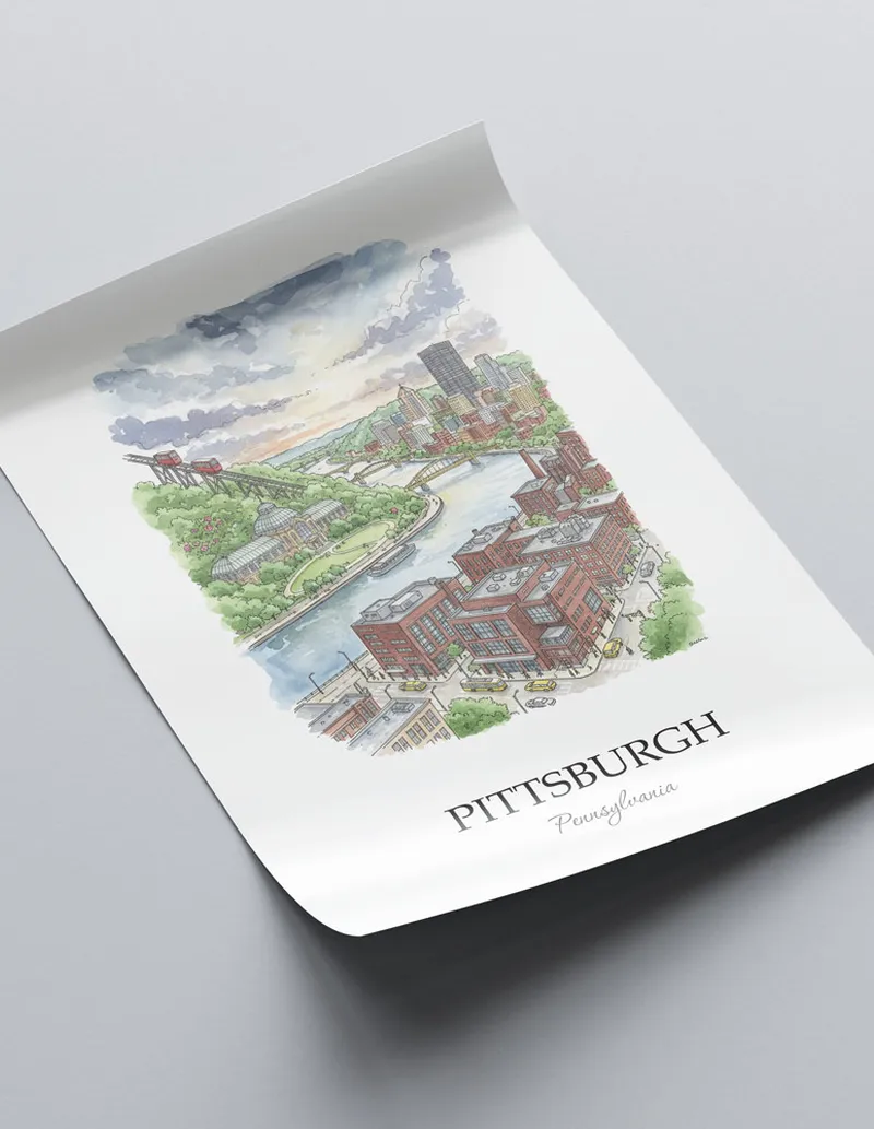 A close-up of a high-quality paper print featuring the Pittsburgh city minimalist design.