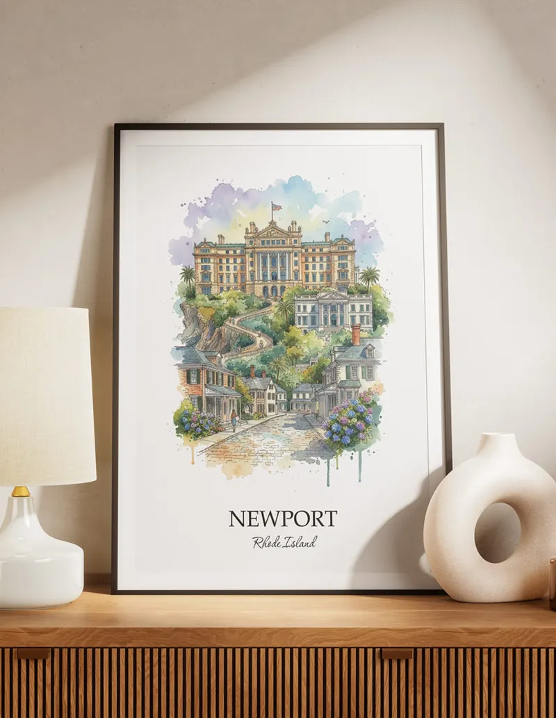 A lovely interior preview showcasing a vintage-vibe travel poster design of the scenic Newport city.