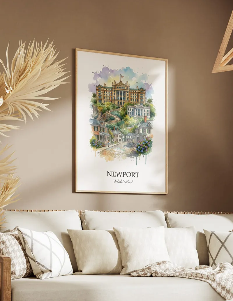 Vintage travel poster of Newport city, USA - Rhode Island in a light frame displayed above a sofa in a bright boho interior.