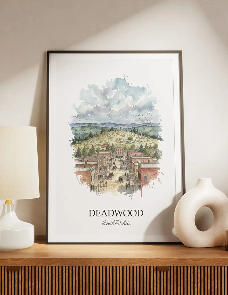 A lovely interior preview showcasing a vintage-vibe travel poster design of the scenic Deadwood city.