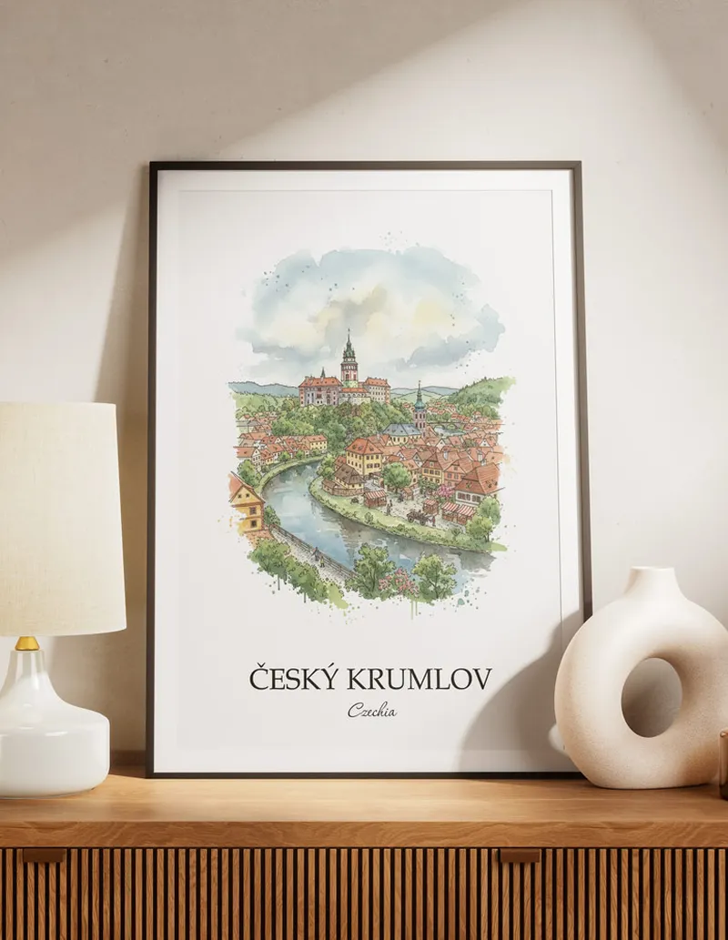 A lovely interior preview showcasing a vintage-vibe travel poster design of the scenic _esk_ Krumlov city.