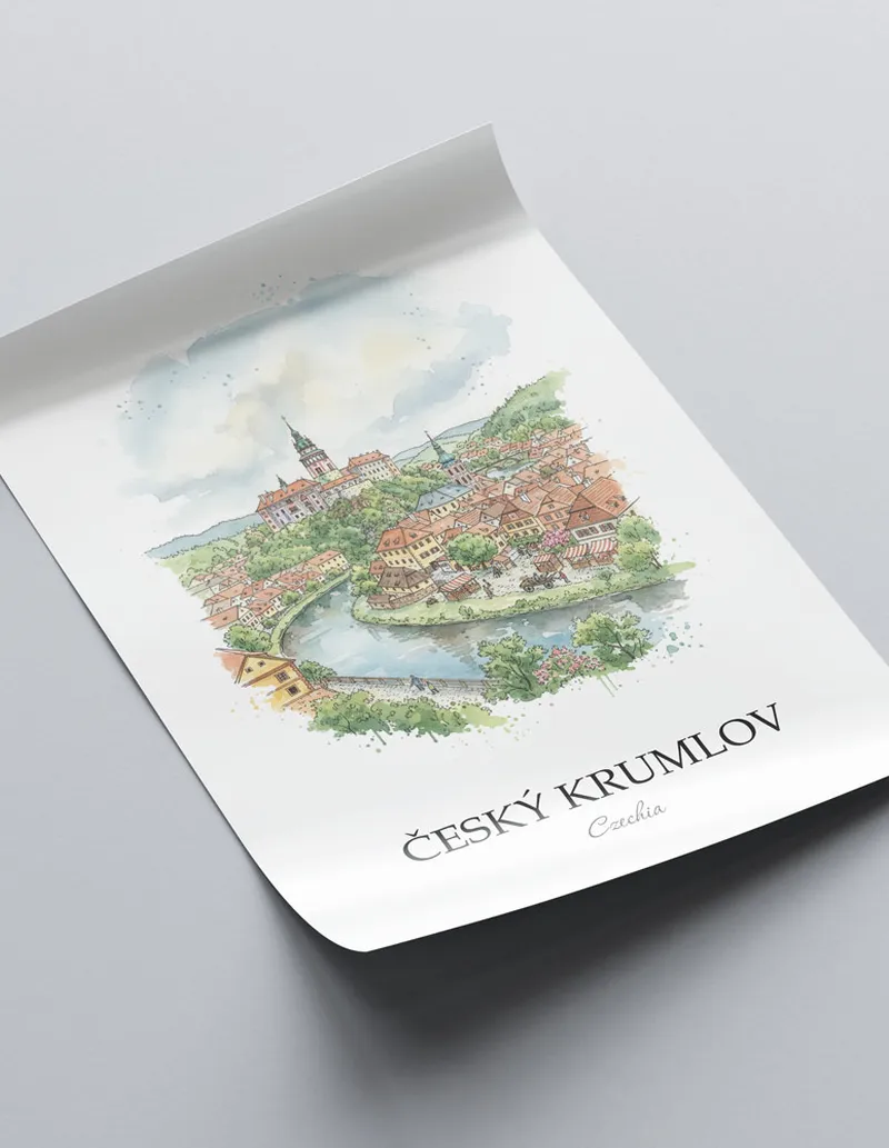 A close-up of a high-quality paper print featuring the _esk_ Krumlov city minimalist design.