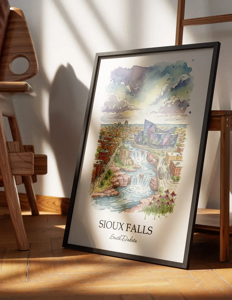 Minimalist poster of Sioux Falls city in USA - South Dakota in a light frame standing on the floor in a dark moody interior.