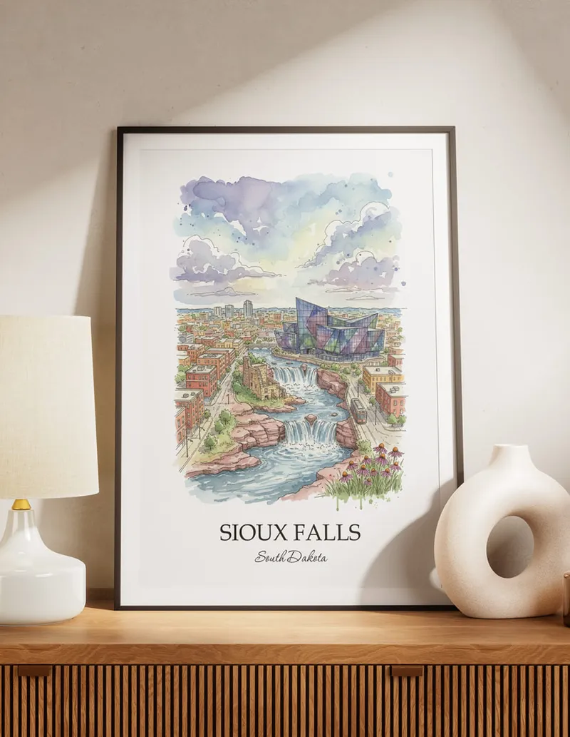 A lovely interior preview showcasing a vintage-vibe travel poster design of the scenic Sioux Falls city.