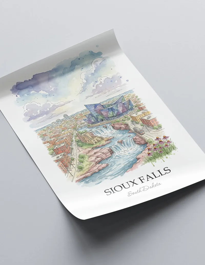 A close-up of a high-quality paper print featuring the Sioux Falls city minimalist design.