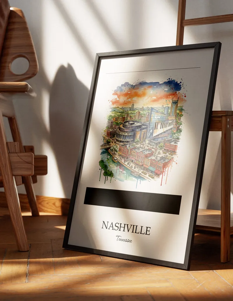 Minimalist poster of Nashville city in USA - Tennessee in a light frame standing on the floor in a dark moody interior.