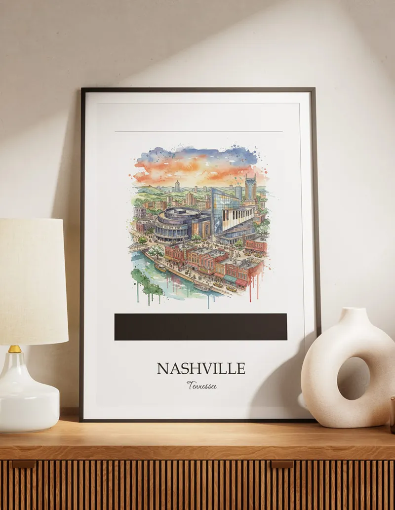 A lovely interior preview showcasing a vintage-vibe travel poster design of the scenic Nashville city.