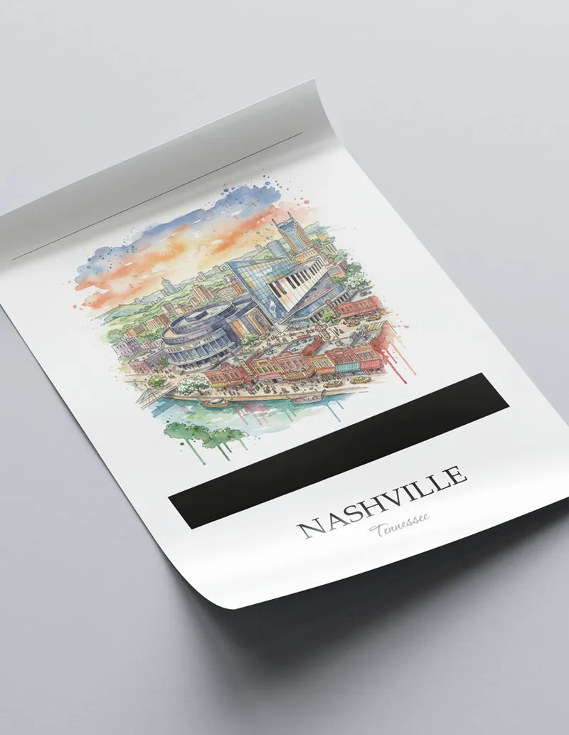 A close-up of a high-quality paper print featuring the Nashville city minimalist design.