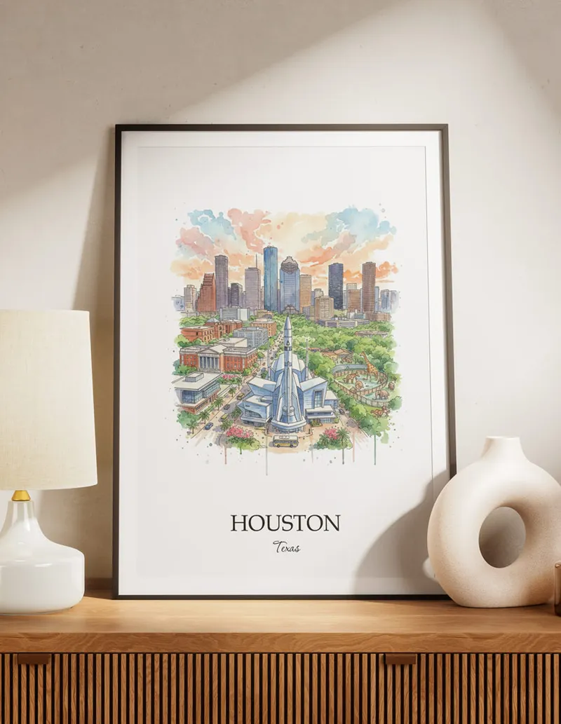A lovely interior preview showcasing a vintage-vibe travel poster design of the scenic Houston city.