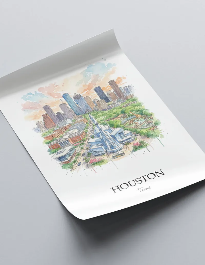 A close-up of a high-quality paper print featuring the Houston city minimalist design.