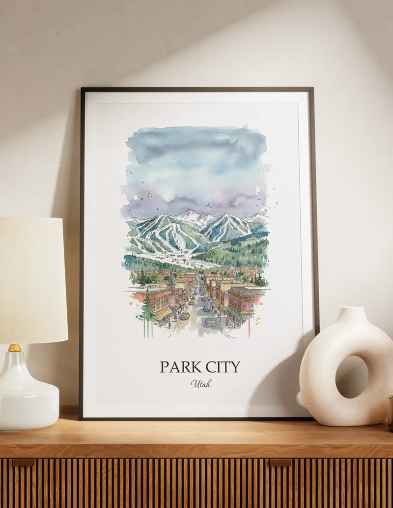 A lovely interior preview showcasing a vintage-vibe travel poster design of the scenic Park City city.