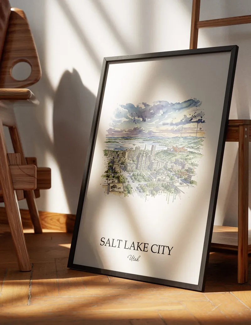 Minimalist poster of Salt Lake City city in USA - Utah in a light frame standing on the floor in a dark moody interior.