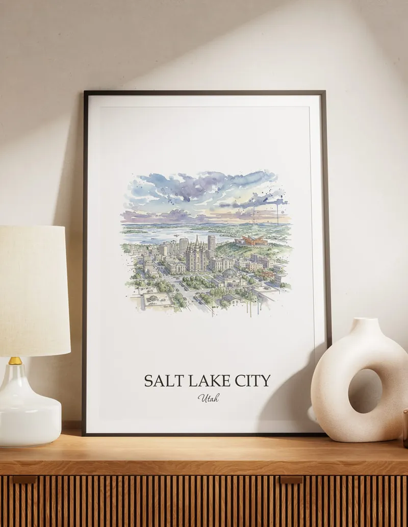A lovely interior preview showcasing a vintage-vibe travel poster design of the scenic Salt Lake City city.