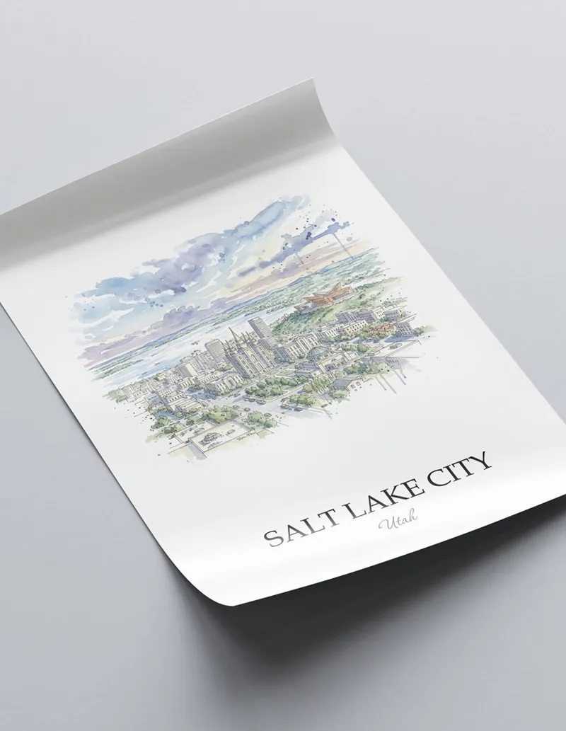 A close-up of a high-quality paper print featuring the Salt Lake City city minimalist design.