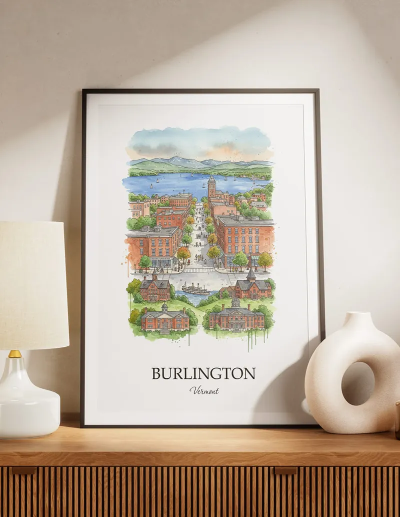 A lovely interior preview showcasing a vintage-vibe travel poster design of the scenic Burlington city.