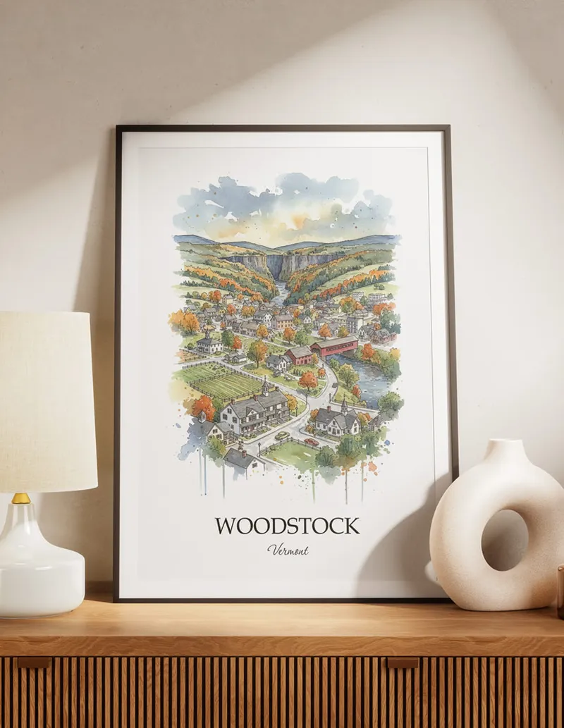 A lovely interior preview showcasing a vintage-vibe travel poster design of the scenic Woodstock city.