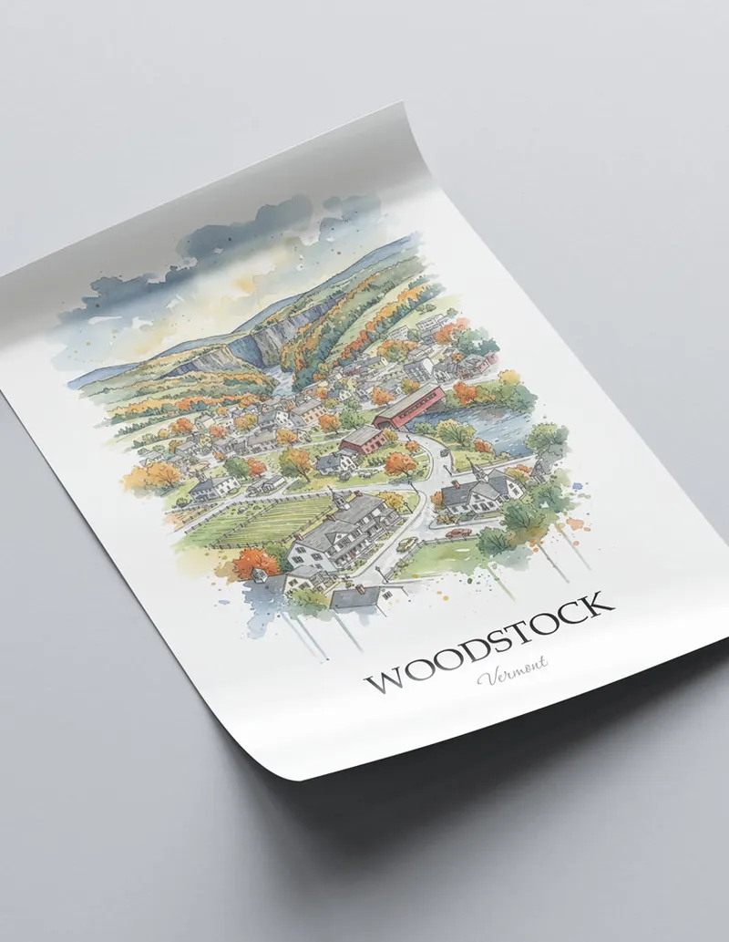 A close-up of a high-quality paper print featuring the Woodstock city minimalist design.