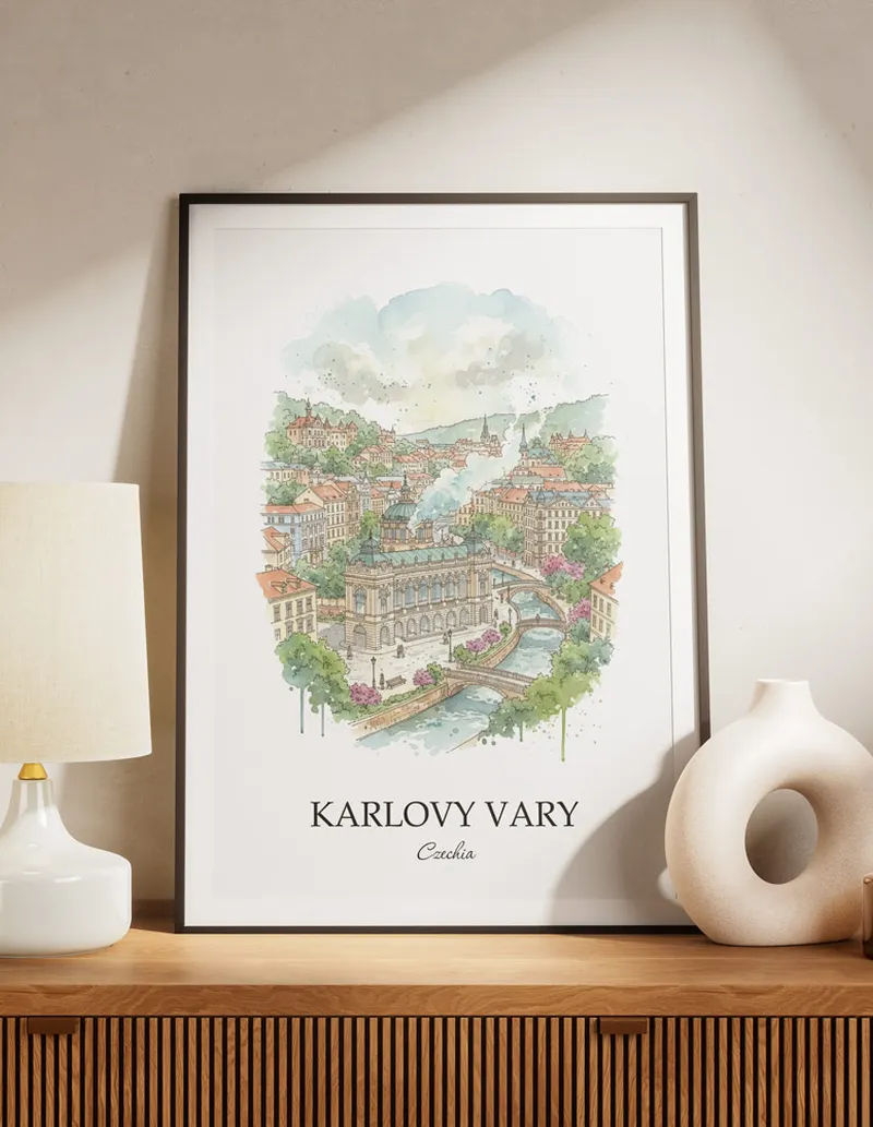 A lovely interior preview showcasing a vintage-vibe travel poster design of the scenic Karlovy Vary city.