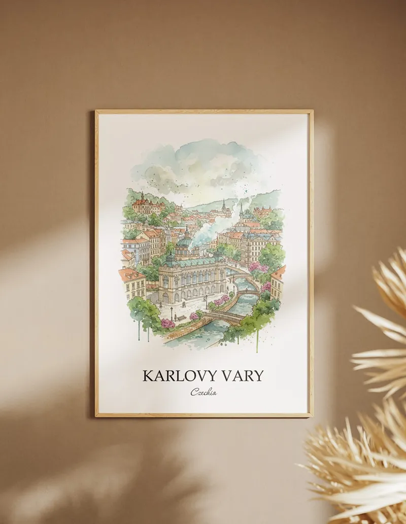 A clean and modern mockup showing a framed Karlovy Vary city print on a minimalist background.