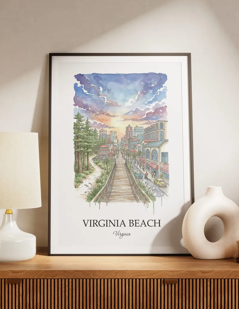 A lovely interior preview showcasing a vintage-vibe travel poster design of the scenic Virginia Beach city.
