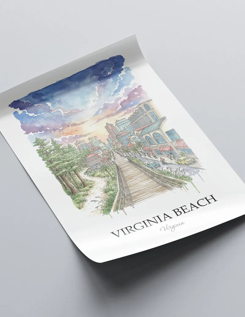 A close-up of a high-quality paper print featuring the Virginia Beach city minimalist design.