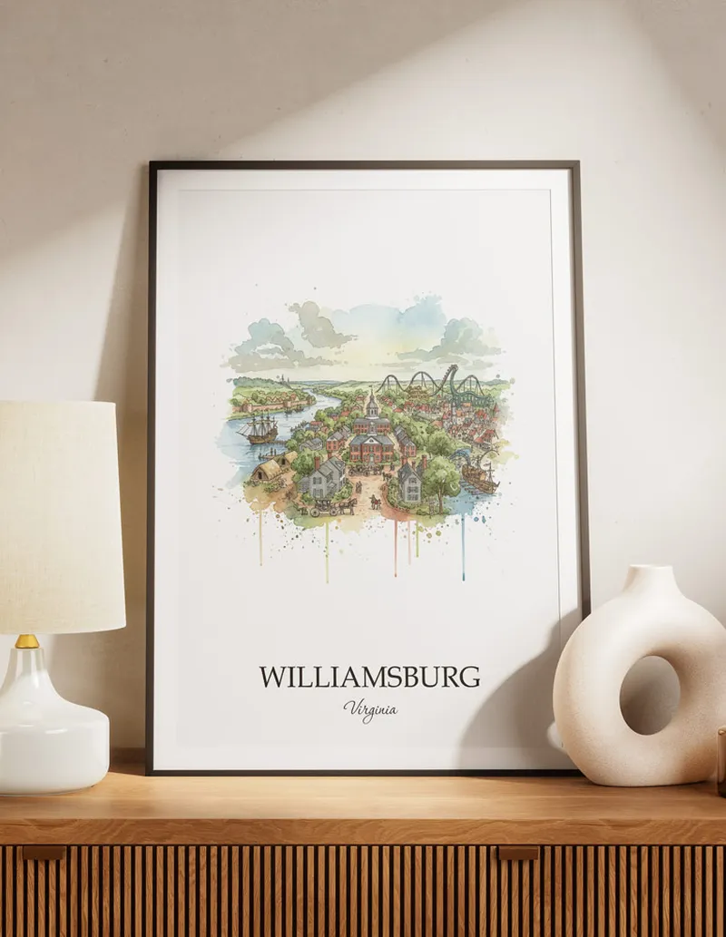 A lovely interior preview showcasing a vintage-vibe travel poster design of the scenic Williamsburg city.