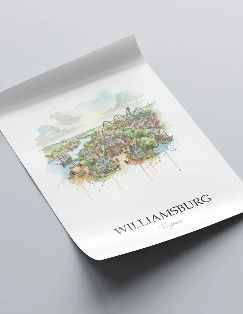 A close-up of a high-quality paper print featuring the Williamsburg city minimalist design.