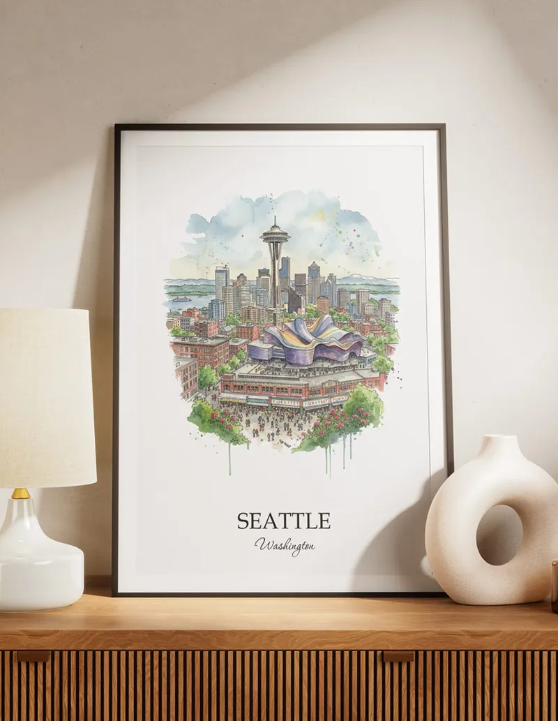 A lovely interior preview showcasing a vintage-vibe travel poster design of the scenic Seattle city.