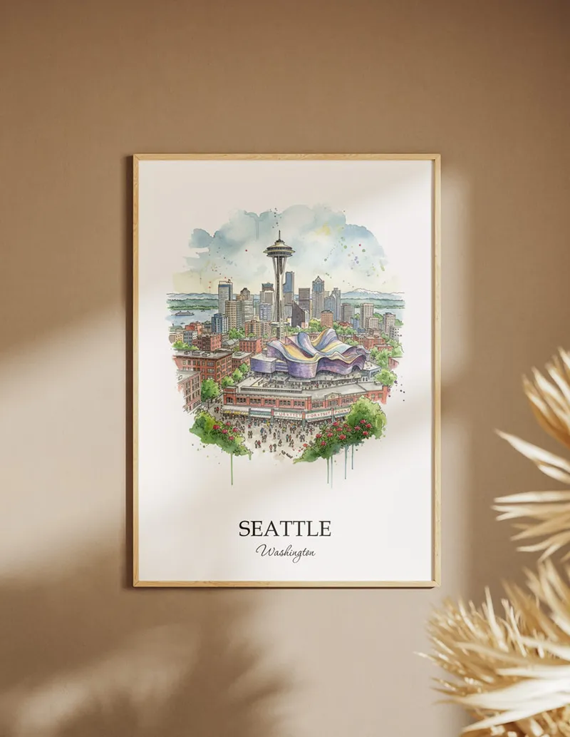 A clean and modern mockup showing a framed Seattle city print on a minimalist background.