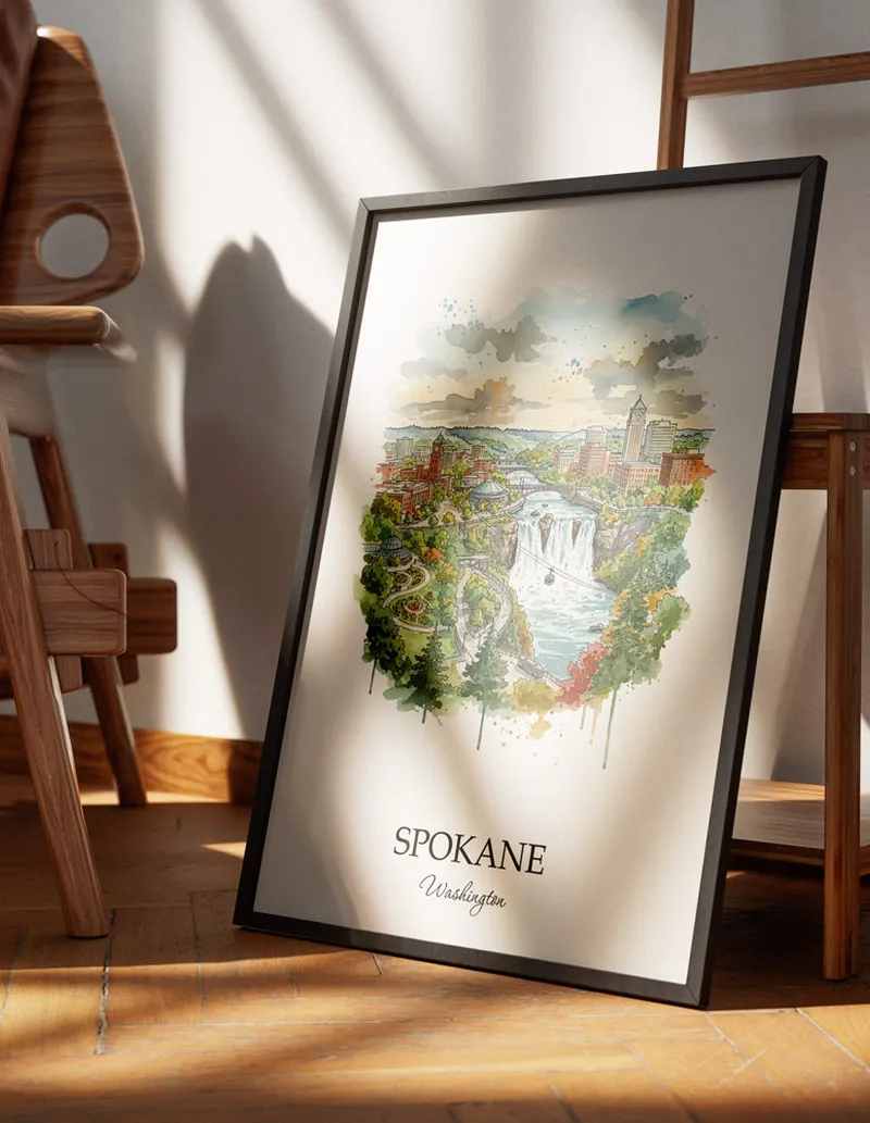 Minimalist poster of Spokane city in USA - Washington in a light frame standing on the floor in a dark moody interior.