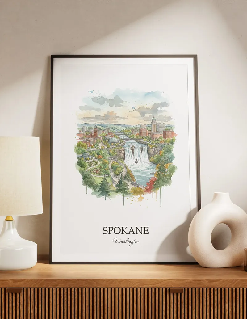 A lovely interior preview showcasing a vintage-vibe travel poster design of the scenic Spokane city.