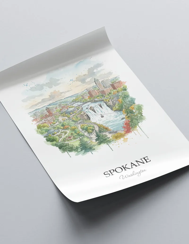 A close-up of a high-quality paper print featuring the Spokane city minimalist design.
