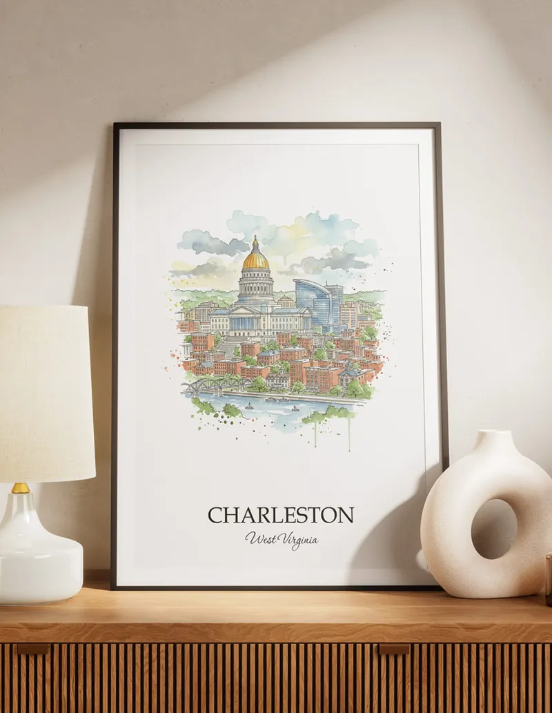 A lovely interior preview showcasing a vintage-vibe travel poster design of the scenic Charleston city.