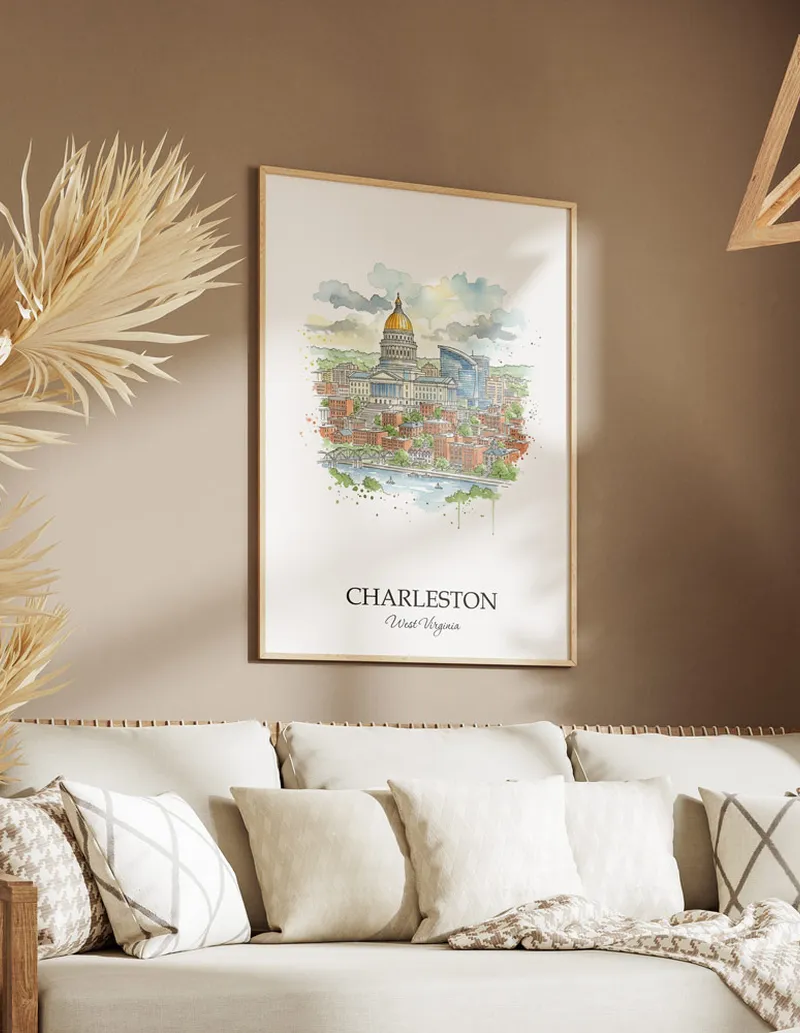 Vintage travel poster of Charleston city, USA - West Virginia in a light frame displayed above a sofa in a bright boho interior.