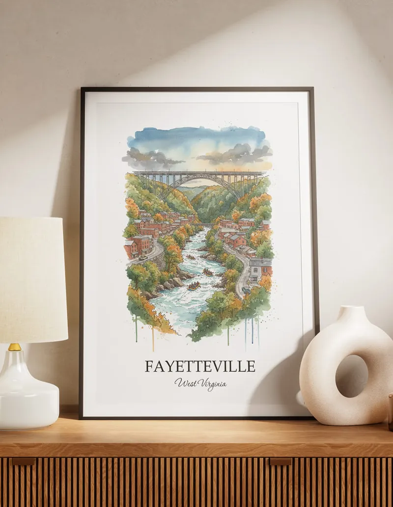 A lovely interior preview showcasing a vintage-vibe travel poster design of the scenic Fayetteville city.