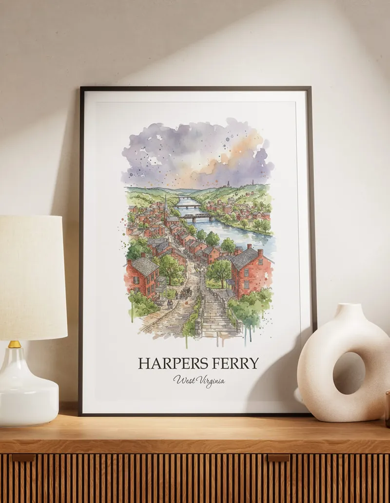 A lovely interior preview showcasing a vintage-vibe travel poster design of the scenic Harpers Ferry city.